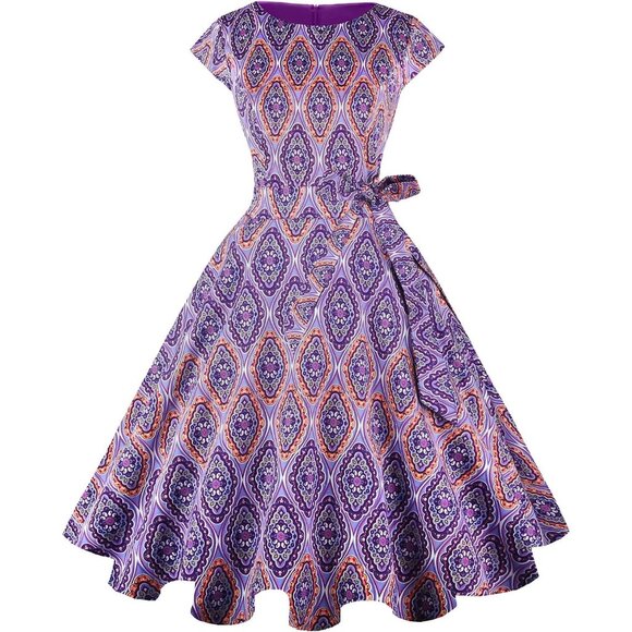 Women's 1950 Boatneck Cap Sleeve Vintage Swing Cocktail Party Dress with Pockets - Picture 1 of 6